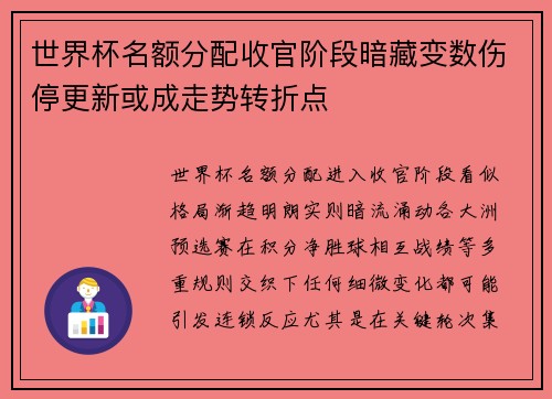世界杯名额分配收官阶段暗藏变数伤停更新或成走势转折点 世界杯名额分配收官阶段暗藏变数伤停更新或成走势转折点